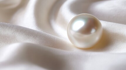 Poster - A single lustrous pearl resting on a smooth, white satin background with ample copy space, exuding elegance and simplicity