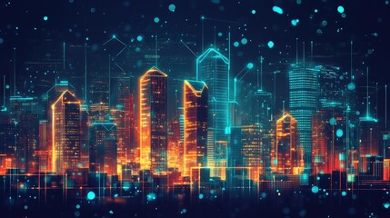 Poster - Abstract digital cityscape with glowing skyscrapers and holographic overlays, no people, copy space