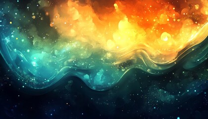 Wall Mural - turquoise and jade wave flowing through space with glitter detail and starry background