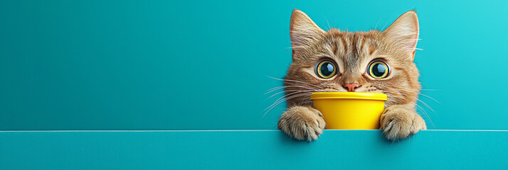 Wall Mural - A whimsical image where only the catâ€™s curious eyes and ears are visible behind the white board, fixated on the vivid yellow container of treats,