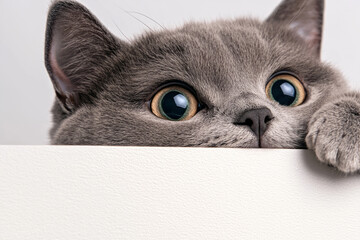 Wall Mural - A charming photo of a short-haired gray cat cautiously tipping its head around a white backdrop, staring at a bright yellow bowl of kibble,