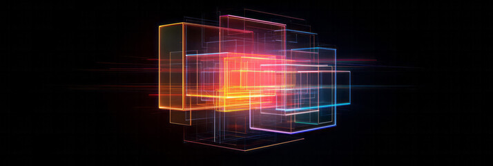 Poster - An isometric arrangement of mirrored rectangular prisms suspended in midair, each face reflecting glowing neon grids set against a deep black background,