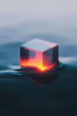 Poster - A cinematic close-up of a single floating cube with a polished mirror exterior, catching vibrant neon strokes against a minimalist black environment,
