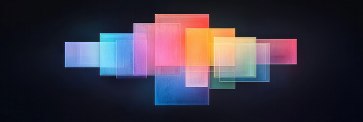 Poster - An isometric arrangement of mirrored rectangular prisms suspended in midair, each face reflecting glowing neon grids set against a deep black background,