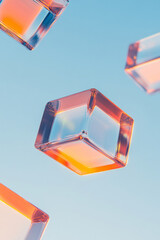 Poster - A top-down perspective of mirrored rectangular prisms rotating slowly against a deep noir canvas, each prism reflecting bright neon edges,