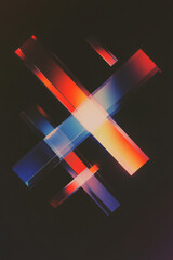 Poster - A top-down perspective of mirrored rectangular prisms rotating slowly against a deep noir canvas, each prism reflecting bright neon edges,