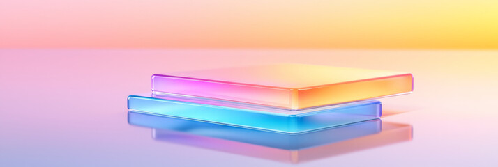Poster - A side-angle shot of reflective 3D panels levitating, capturing the luminous neon stripes that glide seamlessly across each shiny surface,