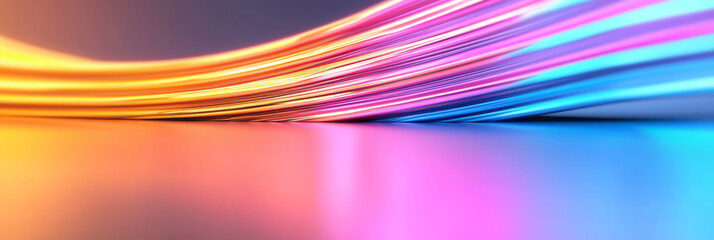 Poster - A side-angle shot of reflective 3D panels levitating, capturing the luminous neon stripes that glide seamlessly across each shiny surface,