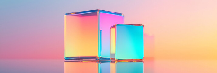 Poster - A three-quarter view of cube clusters in various sizes, each coated in mirror-like material reflecting color-shifting neon on a dark background,