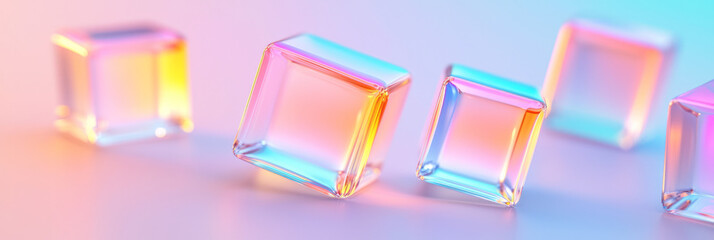 Poster - A three-quarter view of cube clusters in various sizes, each coated in mirror-like material reflecting color-shifting neon on a dark background,