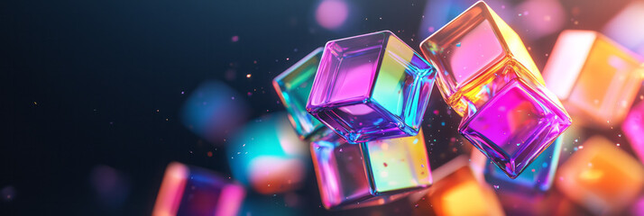 Poster - A three-quarter view of cube clusters in various sizes, each coated in mirror-like material reflecting color-shifting neon on a dark background,