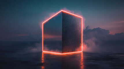Poster - A minimalist scenario where one large mirrored block is split into segments, each segment mirrored by vivid neon lines, floating on a black plane,