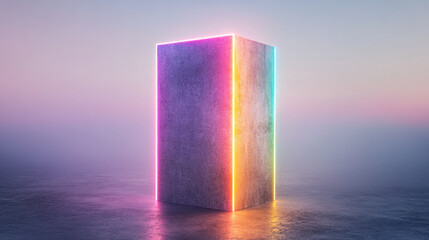 Poster - A minimalist scenario where one large mirrored block is split into segments, each segment mirrored by vivid neon lines, floating on a black plane,