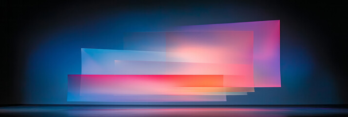Poster - A dynamic long-exposure effect of floating prisms reflecting neon glows, creating streaks of light and illusions of motion on a jet-black stage,