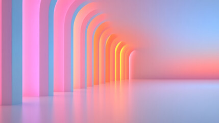 Poster - A bold digital artwork of minimalist mirrored columns arranged in rows, neon streaks gliding horizontally, creating a sense of depth and dimension,