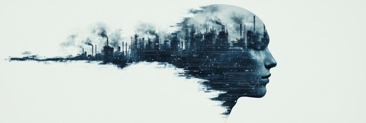Poster - A dynamic perspective shot where a crystalline AI head in the foreground reflects complex digital data, while a futuristic factory silhouette occupies the background,