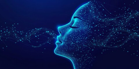 Poster - Abstract Illustration of Human Face Profile Formed from Digital Circuits, Blue Background