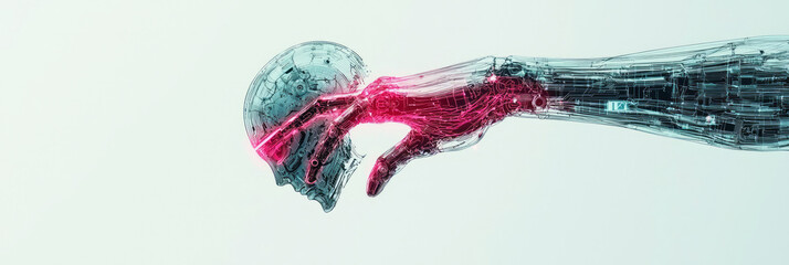 Poster - A minimal design showing just the transparent outline of an AI head overlaying robotic arms, focusing on refined lines and faint neon glows,