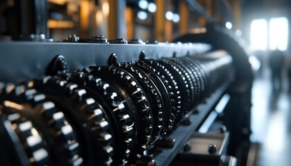 Poster - Interlocking Gear System Close-up Detail of Industrial-Strength Automated Manufacturing Machine.