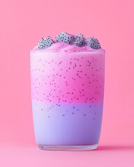 Poster - An elegant portrayal of a glass filled with a layered dragon fruit smoothie, framed by soft pink shadows and gentle highlights,