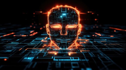Poster - Conceptual image of AI technology represented by a glowing humanoid face on a digital grid, no people, copy space