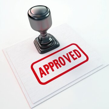 Rubber stamp pressing down on a paper, leaving a red APPROVED mark, placed on a bright white background