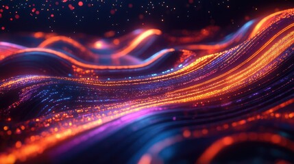 Poster - Digital soundwave representation with flowing curves and bright neon highlights on a dark base