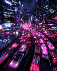 Poster - A dynamic overhead shot where multicolored streaks of vehiclesâ€™ lights form a vivid neon tapestry on a winding nighttime street,