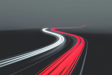 Poster - A minimalist depiction of a straight urban boulevard at night, layered with stark white and red light trails bending slightly with perspective,