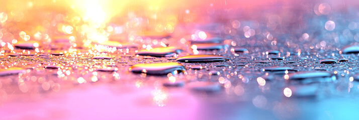 Fototapete - A detailed macro perspective of shimmering light reflections on a wet blacktop, focusing on the mesmerizing interplay of color and motion,