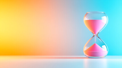Poster - An artistic depiction of a sleek hourglass in warm ambient lighting, the bright, multi-hued sand forming delicate layers symbolizing the passage of time,