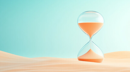 Poster - An artistic depiction of a sleek hourglass in warm ambient lighting, the bright, multi-hued sand forming delicate layers symbolizing the passage of time,