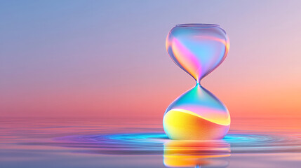 Poster - An artistic depiction of a sleek hourglass in warm ambient lighting, the bright, multi-hued sand forming delicate layers symbolizing the passage of time,