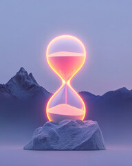 Poster - A minimalist scene featuring a transparent hourglass with bold neon sand, each grain illuminated to highlight the fleeting nature of time,