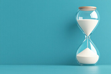 Poster - An elegant design focusing on an hourglass placed on a reflective tabletop, the gradient sand forming waves as it descends, capturing a sense of calm and reflection,