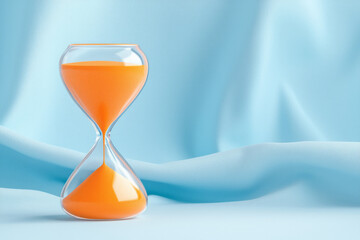 Poster - A minimalist closeup of an hourglass with bold orange sand standing out against a cool-toned setting, visually highlighting the unstoppable countdown of time,
