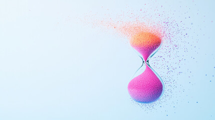 Poster - A dynamic scene of an hourglass suspended midair, colorful particles of sand frozen in motion to symbolize transitional moments,