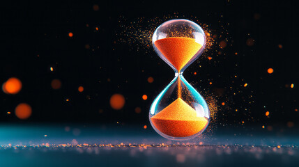 Poster - A dynamic scene of an hourglass suspended midair, colorful particles of sand frozen in motion to symbolize transitional moments,