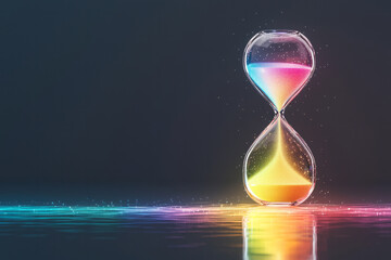 Poster - An artistic portrayal of an hourglass with a luminous glow behind it, illuminating the radiant stream of rainbow sand inside,