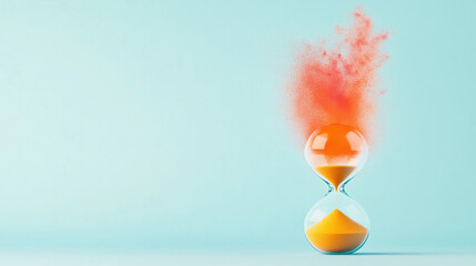 Poster - A dynamic scene of an hourglass suspended midair, colorful particles of sand frozen in motion to symbolize transitional moments,