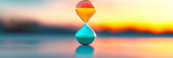 Poster - A macro view highlighting the narrow bottleneck of an hourglass, where rainbow-hued grains rush through, embodying ephemeral moments,