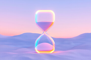 Poster - A minimalist scene featuring a transparent hourglass with bold neon sand, each grain illuminated to highlight the fleeting nature of time,