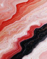 Poster - A cinematic overhead photograph of fluid acrylics in a marbling technique, where vibrant reds and soft pinks meet bold black and metallic gold sparks,