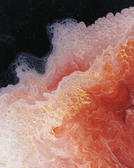 Poster - A cinematic overhead photograph of fluid acrylics in a marbling technique, where vibrant reds and soft pinks meet bold black and metallic gold sparks,