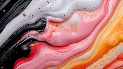 Poster - A dramatic overhead perspective showing abstract swirl patterns combining pink and red hues with black eddies and luminous gold highlights,