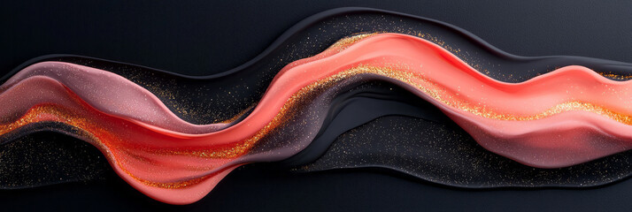 Aufkleber - A smooth, wave-like blend of glossy black paint and rose-red pigments, with gold sparkle dust scattering across the swirling composition,