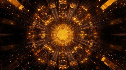 Fototapete - High-resolution abstract of a digital circuit spreading in a symmetrical radial pattern, no people, copy space