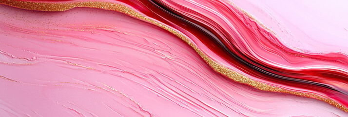 Poster - An artistic closeup where swirling pink and red layers dominate, while sharp black lines and glittery gold splotches add striking definition,