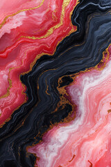 Poster - A dynamic overhead swirl capturing the fluid motion of black paint veins through a field of red and pink, with glints of metallic gold dust,