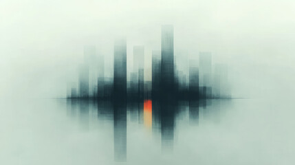 Poster - An artistic depiction of a hazy downtown skyline, captured through a reflective surface, highlighting the subtle glow from apartment windows,